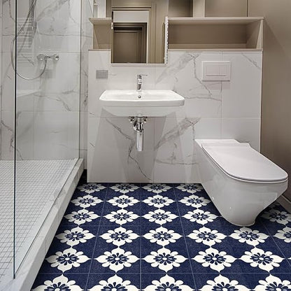 Navy Floral Peel and Stick Floor Tiles 12x12 Inch 10PCS | Navy blue and white floral tile pattern vinyl floor stickers for kitchen bathroom entryway and indoor home decor