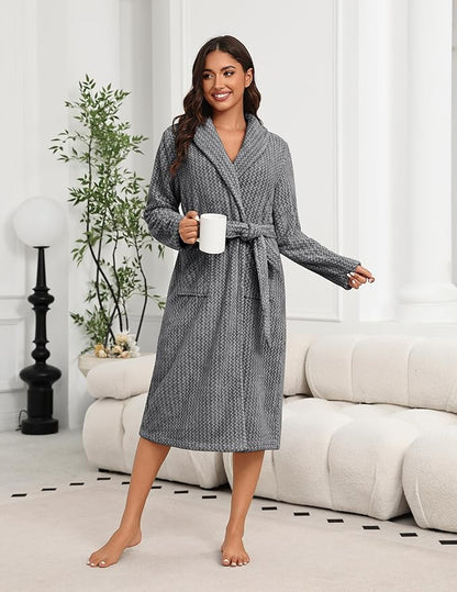Ekouaer Women's Robe Long Plush Soft Bathrobe Cozy Warm Robes Shawl Collar Sleepwear with Pockets