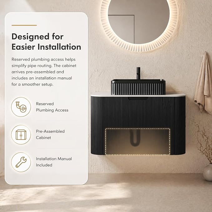 36 Inch Bathroom Vanity with Sink, Floating Wall Mounted Single Sink Vanity, Black Curved Fluted Front, Stone Top, Black Textured Rectangular Vessel Basin, Pre-Assembled