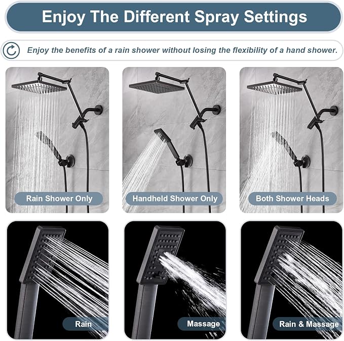 BRIGHT SHOWERS High Pressure Rain Shower Head Combo with Double Extension Arm, 8 Inch Rainfall Shower Head with Handheld Spray, Height Adjustable Dual Square Showerhead Set, Oil-Rubbed Bronze