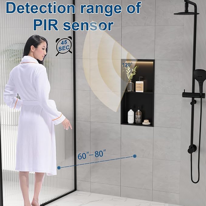 2-Tiers Smart Body Sensor Shower Niche, Black 24"x12" | Recessed Wall Niche with White 3000K LED Light , Waterproof &Rustproof, 304 Stainless Steel Bathroom Cabinet