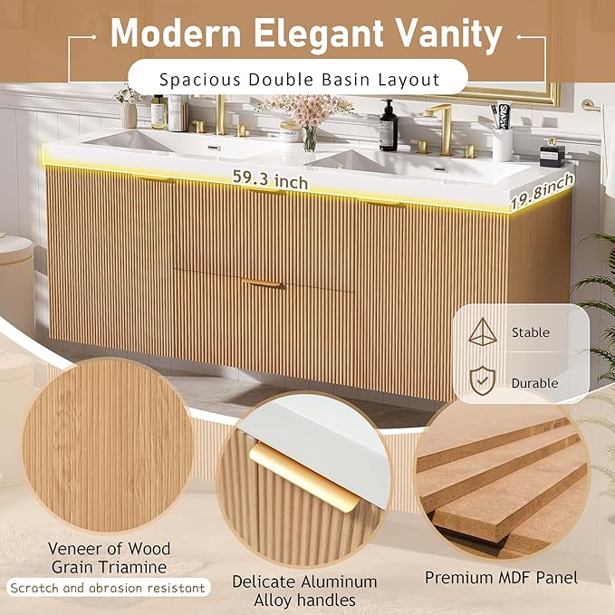 60" Bathroom Vanity with Sink Combo, Floating Double Sink Bathroom Vanity with SMC Resin Top, MDF Cabinet with Solid Wood Frame, Wall-Mounted Bath Room Vanities for Large Bathrooms, Wood