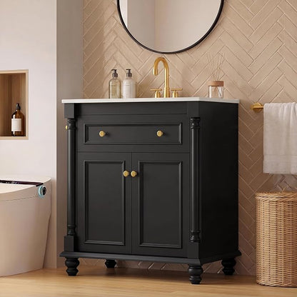 YESHOMY 30" Bathroom Vanity with Sink, Bathroom Storage Cabinet | Bathroom Vanity, Solid Wood, Integrated Ceramic Basin, 1 Flip-Down Drawer, 2 Doors & Adjustable Shelf, Black