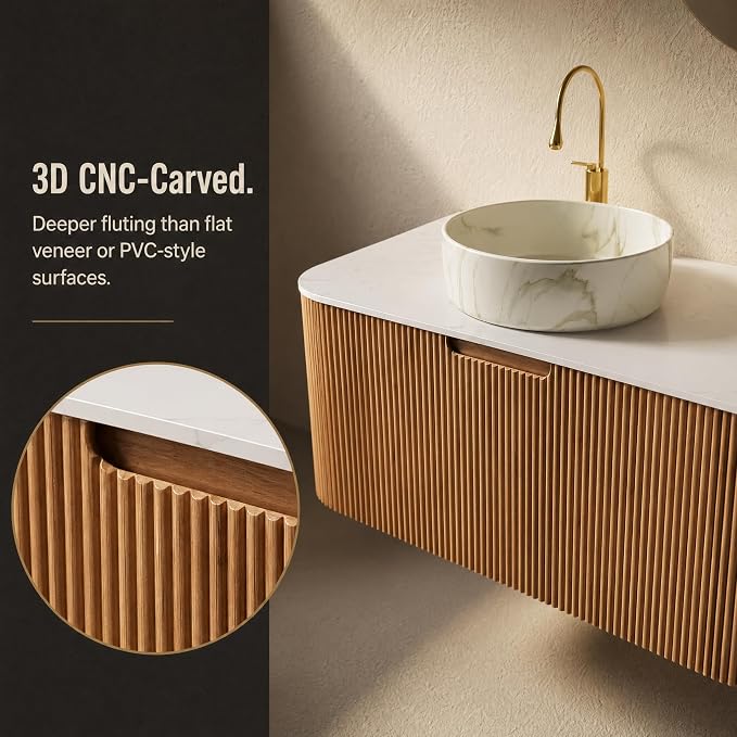36 Inch Bathroom Vanity with Sink, Floating Wall Mounted Single Sink Vanity, Natural Woodgrain Curved Fluted Front, Stone Top, Marble-Look Round Vessel Basin, Pre-Assembled