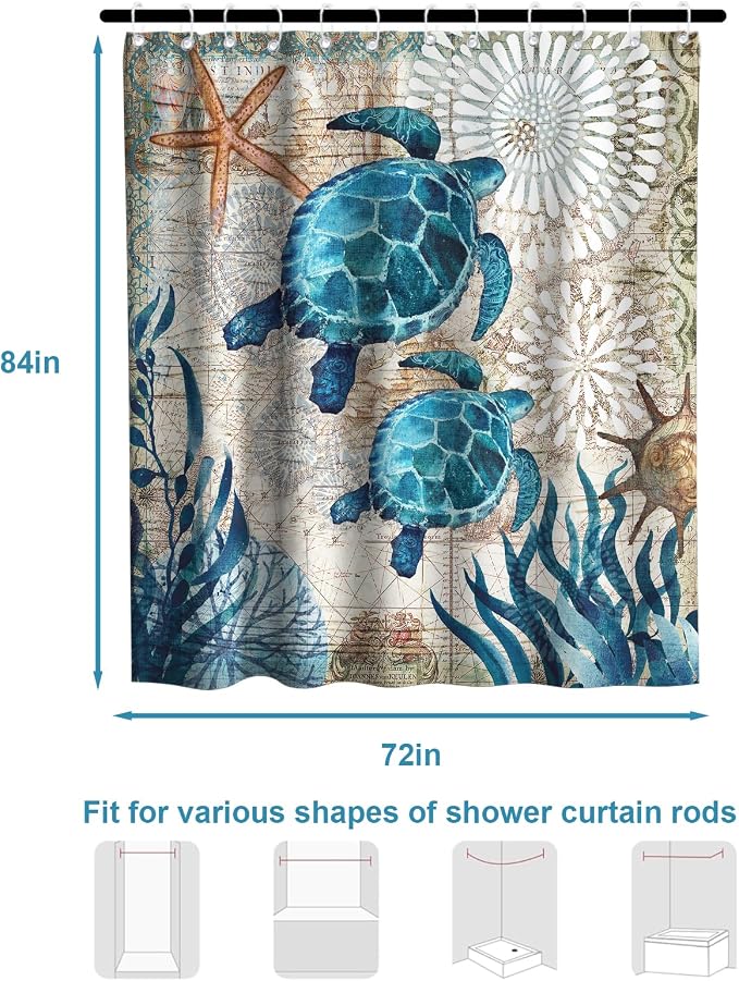 Ocean Nautical Beach Shower Curtain, Rustic Luxury Coastal Sea Turtles Shower Curtains for Bathroom, Waterproof Bath Curtain with Hooks Machine Washable Bathtub Curtains 72x84 Inch Blue Teal