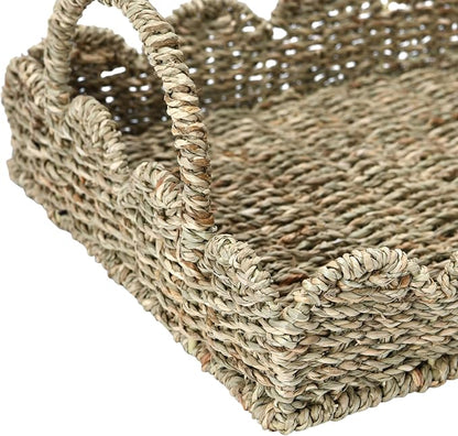 Household Essentials Seagrass Decorative Tray with Scalloped Edge, Handwoven Natural Wicker Organizer Basket with Handles & Iron Frame for Coffee Tables, Bathrooms & Countertops (Pack of 8)
