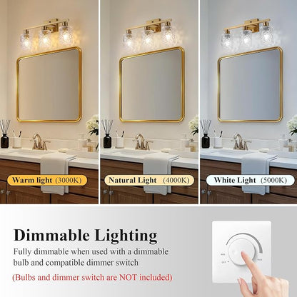 Mecgirn Stainless Steel Bathroom Vanity Light Over Mirror, 3 Light Brushed Gold Bathroom Light Fixtures with Textured Glass Shades,Ceramic E26 Sockets Wall Mounted Vanity Lights for Bathroom