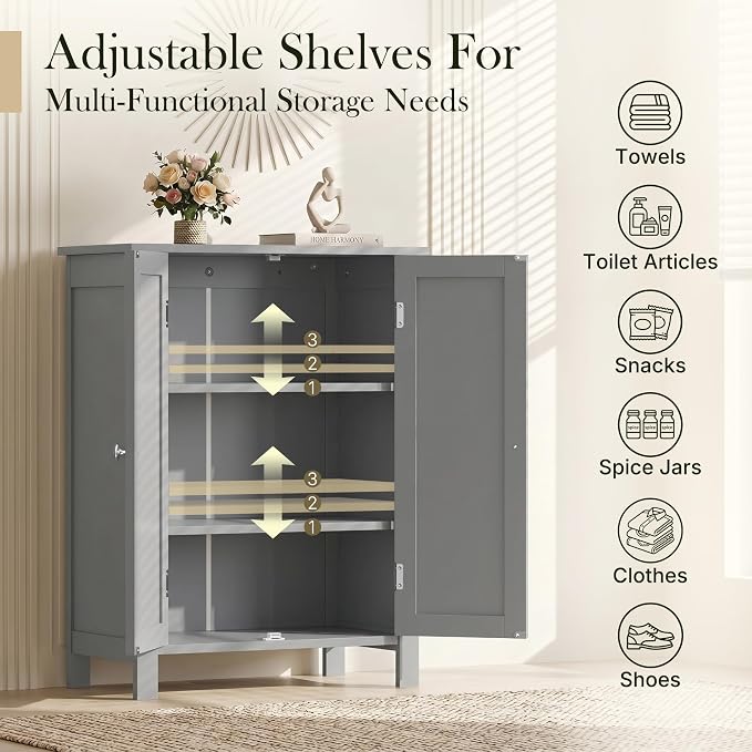 ZENY Bathroom Floor Storage Cabinet with Double Door + Adjustable Shelf, Wooden Organizer Cabinet for Living Room, Bathroom, Bedroom, Modern Home Furniture (Gray)