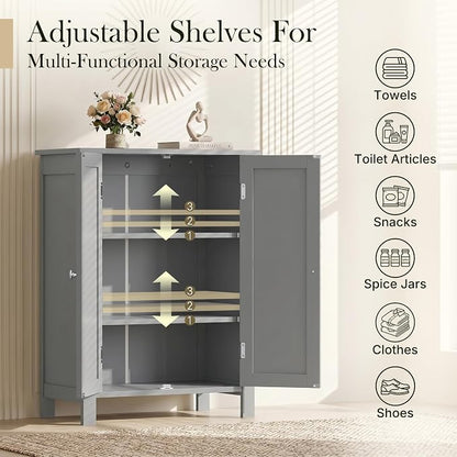 ZENY Bathroom Floor Storage Cabinet with Double Door + Adjustable Shelf, Wooden Organizer Cabinet for Living Room, Bathroom, Bedroom, Modern Home Furniture (Gray)