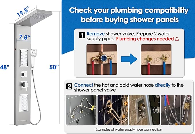 ROVOGO Led Shower Panel Tower System, 2-Setting Lighted Shower Head (Rainfall & Mist Mode), Large Body Jets, Handheld and Tub Spout, 50" Stainless Steel Shower Column with Mixer Valve, Brushed