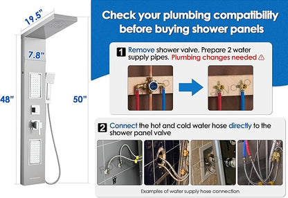ROVOGO Led Shower Panel Tower System, 2-Setting Lighted Shower Head (Rainfall & Mist Mode), Large Body Jets, Handheld and Tub Spout, 50" Stainless Steel Shower Column with Mixer Valve, Brushed