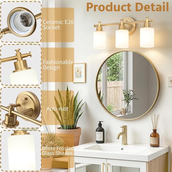 3 Light Brushed Gold Bathroom Vanity Light Fixture Over Mirror, 17.5 Inch | Modern Gold Vanity Light Fixtures with White Glass Shade, Wall Sconce for Bathroom, Bedroom, Hallway, Living Room, E26 Socket