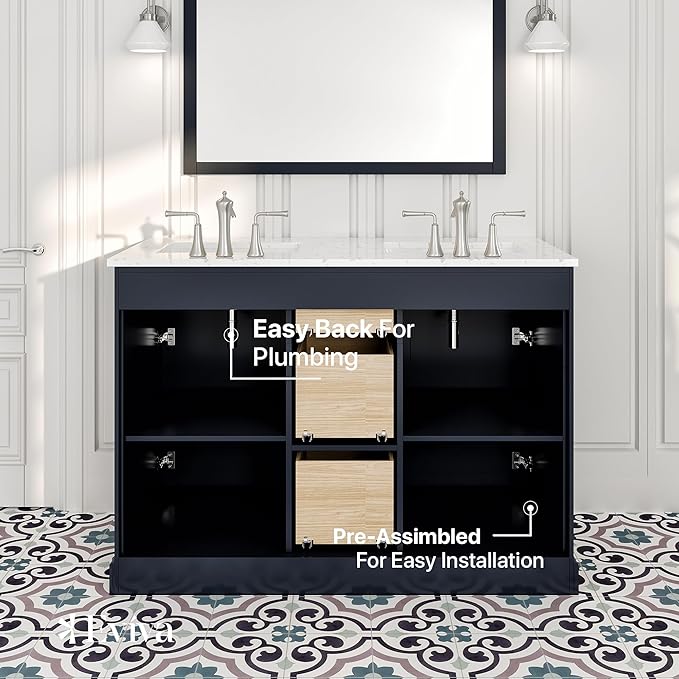 Eviva Epic 48 in. Charcoal Gray Double Sink Bathroom Vanity with White Carrara Quartz Countertop