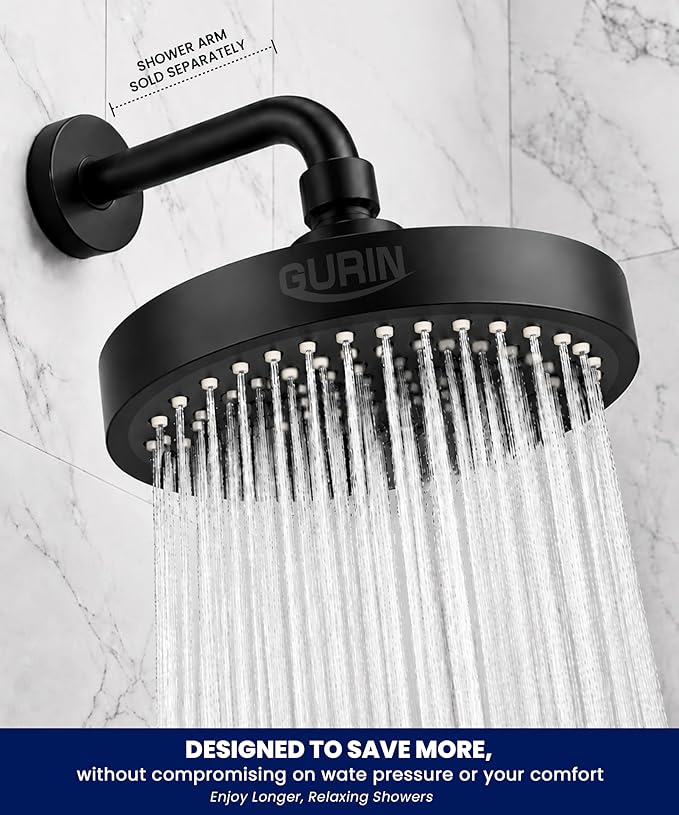 GURIN Shower Head - Luxury Matte Black Finish - Rain Showerhead 6 Inch | High Pressure Shower Heads with Adjustable Angles, 90 Anti-Clog Nozzles, Tool-Free 1-Min Install