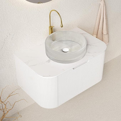 24" Floating Bathroom Vanity with Sink, Modern Bathroom Cabinet with Ultra-Thin Round Crystal Glass Basin and Marble Top, Extra Large Storage Drawer, Pre-Assembled, Soft-Close Design, White