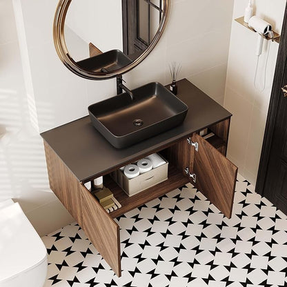 36 Inch Floating Vanity Bathroom with Single Sink, Wall-Mounted Floating Bathroom Cabinet with Sintered Stone Countertop & Black Ceramic Basin, Ample Storage and Open Shelves, Dark Wood