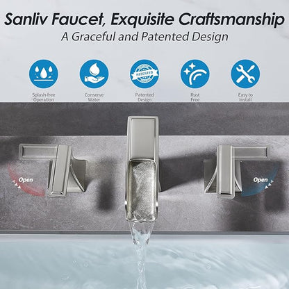 Brushed Nickel Bathroom Faucet, Sanliv Widespread Bathroom Faucet for 3-Hole Sinks 4-8 inch, 2-Handle Waterfall Vanity Faucets with Pop-Up Drain, Brushed Nickel
