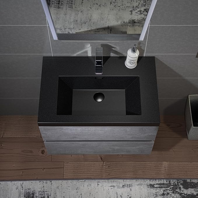 WOODBRIDGE 30 in. W x 19 in. D Wall Mounted Floating Bathroom Vanity in Gray with Quartz Sand Composite Vanity Top in Matte Black