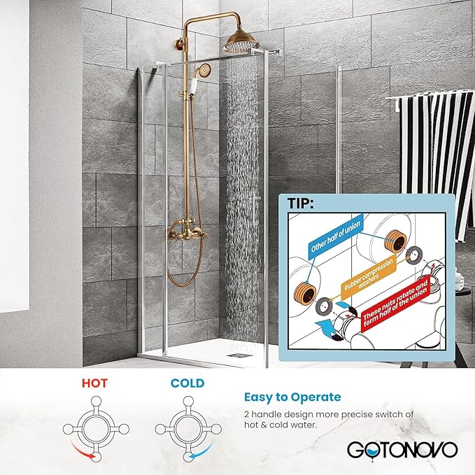 gotonovo Antique Brass Shower System 8 Inch Rainfall Shower Head Handheld Spray Double Cross Handle Bathroom Shower Faucet Wall Mount