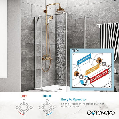 gotonovo Antique Brass Shower System 8 Inch Rainfall Shower Head Handheld Spray Double Cross Handle Bathroom Shower Faucet Wall Mount