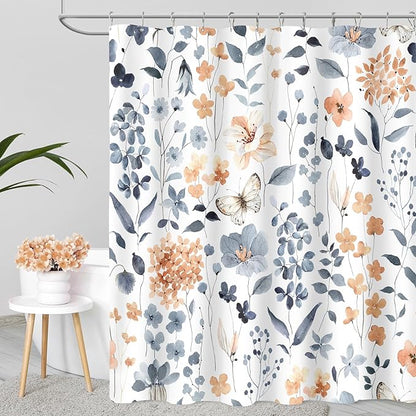 Blue Floral Shower Curtain, Cute Flower Fabric Shower Curtains for Bathroom, Watercolor Wildflower Butterfly Cloth Shower Curtain Set with Hooks, 72x72
