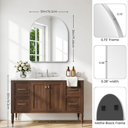 BONEWEI Arched Wall Mirror,30x36 inch Silver Arched Mirror Bathroom,Vanity Mirror for Over Sink Metal Frame,Tempered Glass Arch Mirrors for Bedroom,Entryway,Living Room,Home Decor Shatter-Proof