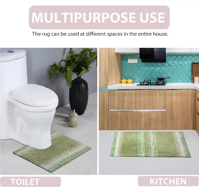 Home Weavers 100% Cotton Gradiation Collection Bathroom Décor | Washable Rug | Bathroom Mat | Kitchen Mat | Bathroom Rug Set | Bath Mat Set | Bath Floor Mat Non Slip, 3 Piece Set with Runner, Sage