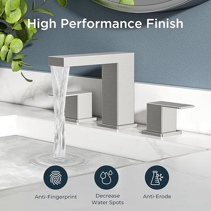 FORIOUS 8 in Brushed Nickel Bathroom Faucet 3 Holes, Two Handle Triphil Brushed Nickel Bathroom Sink Faucet Waterfall with Metal Pop-Up Drain and cUPC Hose for Restroom, Lavatory, Vanity