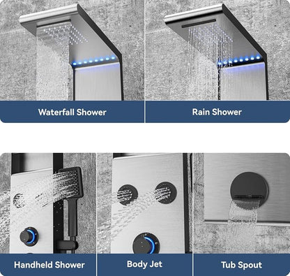 ELLO&ALLO LED Rainfall Shower Head and Rain Massage System with Body Jets Stainless Steel Bathroom Shower Panel Tower System with Shelf, Brushed Nickel&Black