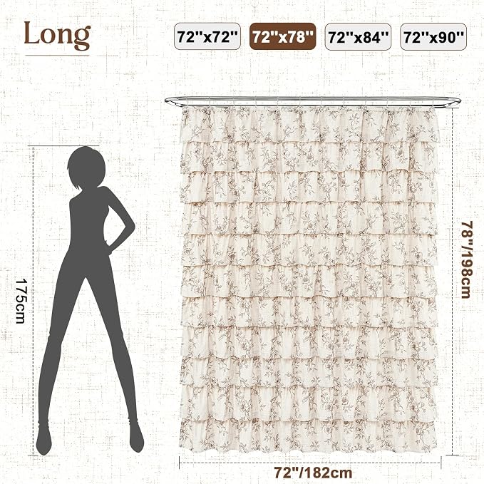 Long Farmhouse Floral Shower Curtain, Ruffle Bathroom Curtains, 72"Wx78"L | Brown Floral Print, Ruflle Design, 12 Metal Hooks, Vintage Rustic Washable Waterproof Shower Curtain for Bathroom Bathtub