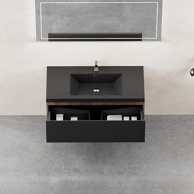 42 Inch Floating Bathroom Vanity with Sink, Modern Wall-Mounted Storage Cabinet with Wave Texture Drawers, Soft-Close & Black Quartz Sand Basin, Smoked Walnut,Fully Pre-Assembled