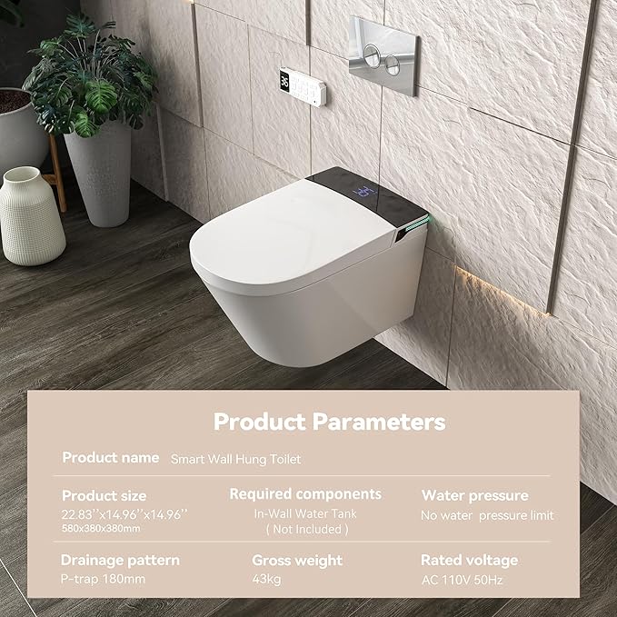 MEJE #MZE014P - Intelligent Wall-Hung Toilet, One-piece Elongated Smart Toilet with Bidet Built in,Heated Seat, Warm Air Dryer,Auto Flush, Auto Open and Close, Remote Control, Night Light, White