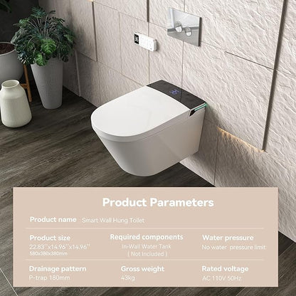 MEJE #MZE014P - Intelligent Wall-Hung Toilet, One-piece Elongated Smart Toilet with Bidet Built in,Heated Seat, Warm Air Dryer,Auto Flush, Auto Open and Close, Remote Control, Night Light, White