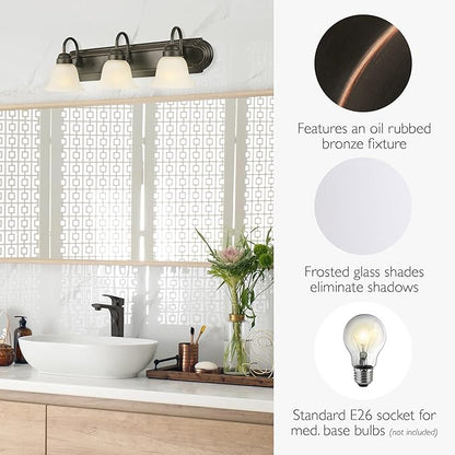 Design House Allante Vanity Light, Dimmable, Frosted Glass, 3 Light, Bathroom, Large Backplate, Easy Installation, Oil Rubbed Bronze, 24 in W x 7.75 in D x 8 in H, Item 506618