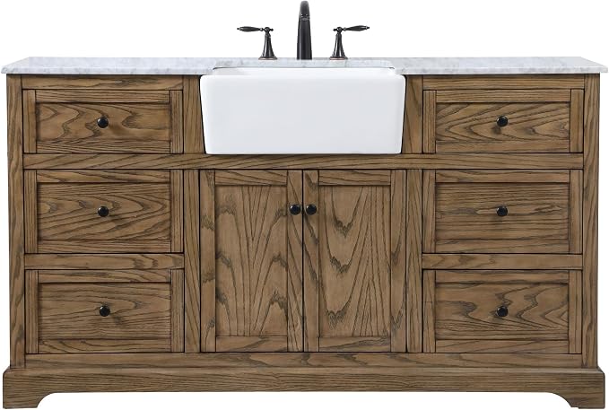 60" Pre-Assembled Bathroom Vanity with Sink, Solid Birch and MDF, Carrara White Marble Countertop Attached, Single Rectangle Porcelain Sink, 6 Soft-Close Drawers, Driftwood