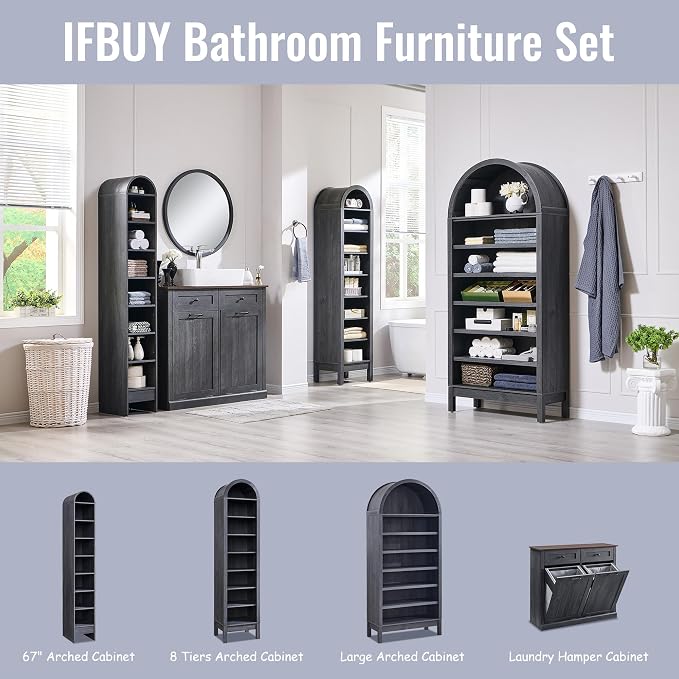IFBUY 71" Tall Arched Bathroom Storage Cabinet, 8-Tier Modern Farmhouse Storage Cabinet with Adjustable Shelves, Wood Freestanding Cabinet for Bathroom, Living Room, Entryway, Hallway (Dark Grey)