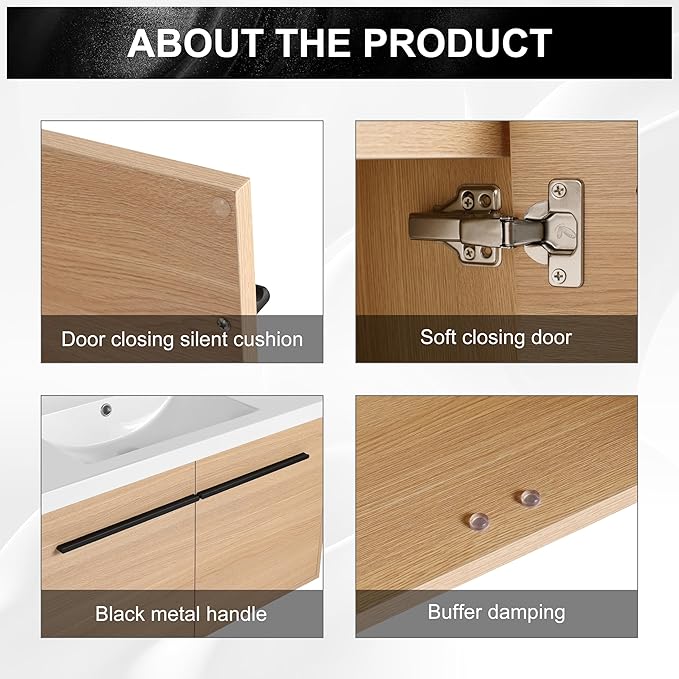 Henf 36 inch Bathroom Vanity with Sink, Wall Mounted Solid Wood Bathroom Vanities with White Integrated Sink and Storage Cabinet,Floating Modern 2 Doors Bathroom Cabinet Set with Black Handle,Oak