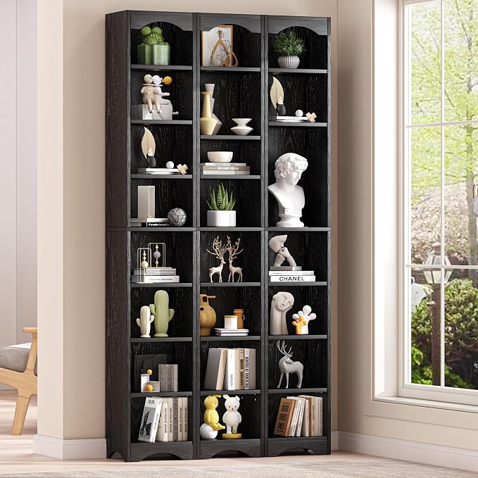 VECELO Curved Top Narrow Tall Bookshelf, 6 Adjustable Movable Shelves, Wood Space Saving Corner Storage Organizer, Sleek Black
