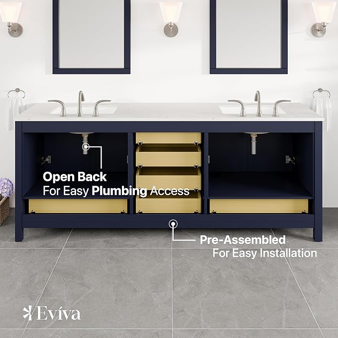 Eviva Aberdeen 84 in. Blue Double Sink Bath Vanity with Carrara Quartz Top and Undermount Porcelain Sinks