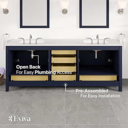 Eviva Aberdeen 84 in. Blue Double Sink Bath Vanity with Carrara Quartz Top and Undermount Porcelain Sinks
