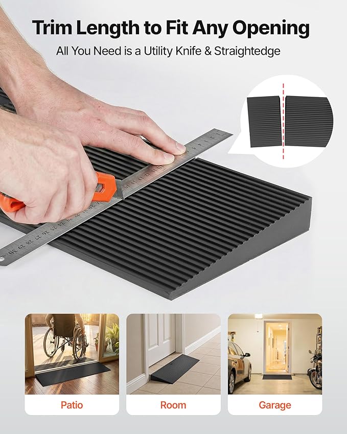 VEVOR 1.2" Rise Cuttable Threshold Ramp for Doorways, 35.4" Wide Natural Rubber Wheelchair Ramp, Non-Slip Solid Rubber Ramp with Double-Sided Tape for Doorways, Driveways, Bathroom, Smooth Tile
