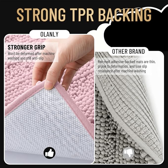 OLANLY Thick Bathroom Rugs 36x24, Chenille Striped Bath Rugs, Dusty Rose | Rubber Backing, Machine Wash, Extra Soft Absorbent Bath Mats for Bathroom Floor, Tub and Shower, Home Decor Accessories