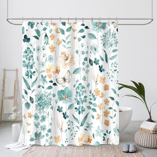 Teal Floral Shower Curtain, Cute Turquoise Flower Fabric Shower Curtains for Bathroom, Watercolor Wildflower Butterfly Cloth Shower Curtain Set with Hooks, 72x72