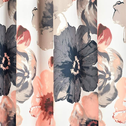 Lush Decor Leah Light Filtering Window Curtain Panels, Pair, 52" W x 63" L, Coral & Gray - Floral Drapes for Bedroom - Coral Curtains - Farmhouse Decor