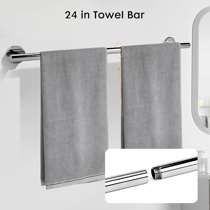 Polished Chrome Bathroom Hardware Accessories Set 4 Pieces,Towel Bar Set Stainless Steel Wall Mounted, Includes 24 in Towel Holder Set, Toilet Paper Holder Bathroom Towel Rack Set Silver