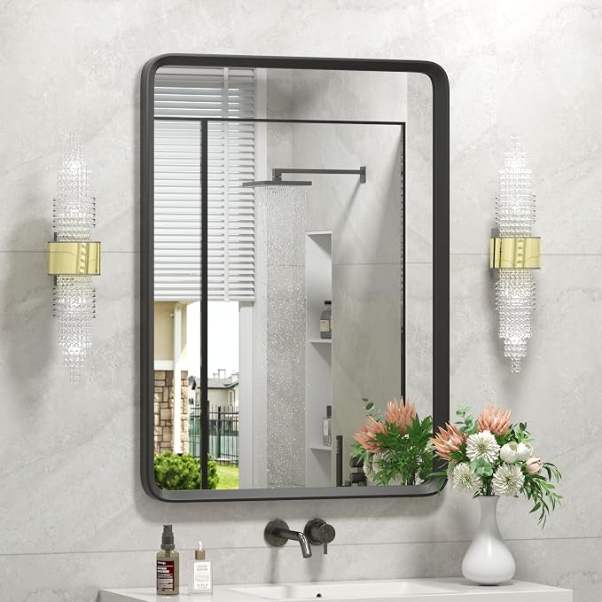 20x30 Inch Black Matte Framed Mirror for Bathroom | Rounded Rectangle Bathroom Vanity Mirror for Wall, Anti-Rust, Shatterproof (Horizontal/Vertical)
