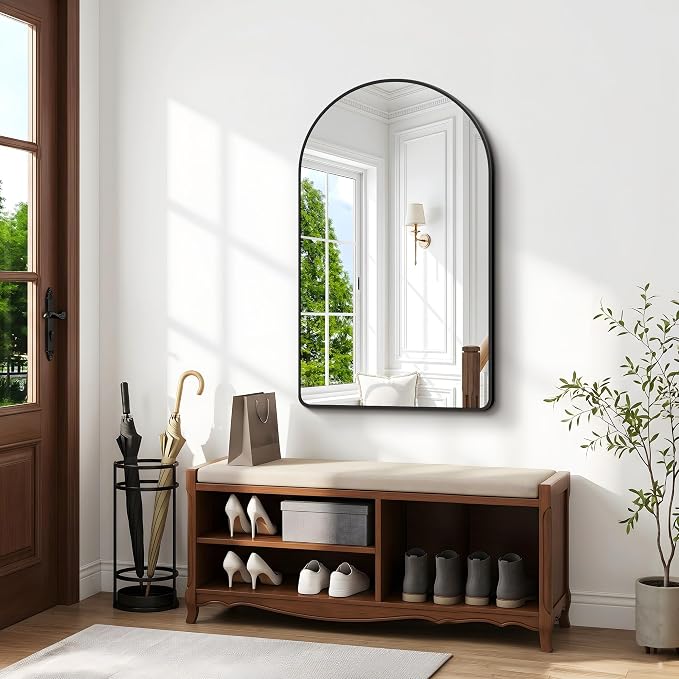 BONEWEI Arched Wall Mirror,32x48 inch Black Arched Mirror Bathroom,Large Vanity Mirror for Over Sink Metal Frame,Tempered Glass Arch Mirrors for Bedroom,Entryway,Living Room,Home Decor Shatter-Proof