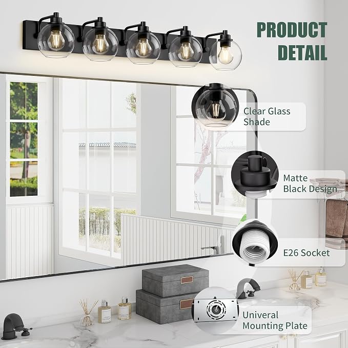 5 Light Bathroom Light Fixtures-Matte Black Bathroom Vanity Lights, Modern Vanity Lights 5-Light Bathroom Lighting Fixtures Over Mirror with Clear Glass Globe Shade