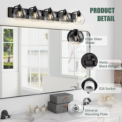 5 Light Bathroom Light Fixtures-Matte Black Bathroom Vanity Lights, Modern Vanity Lights 5-Light Bathroom Lighting Fixtures Over Mirror with Clear Glass Globe Shade