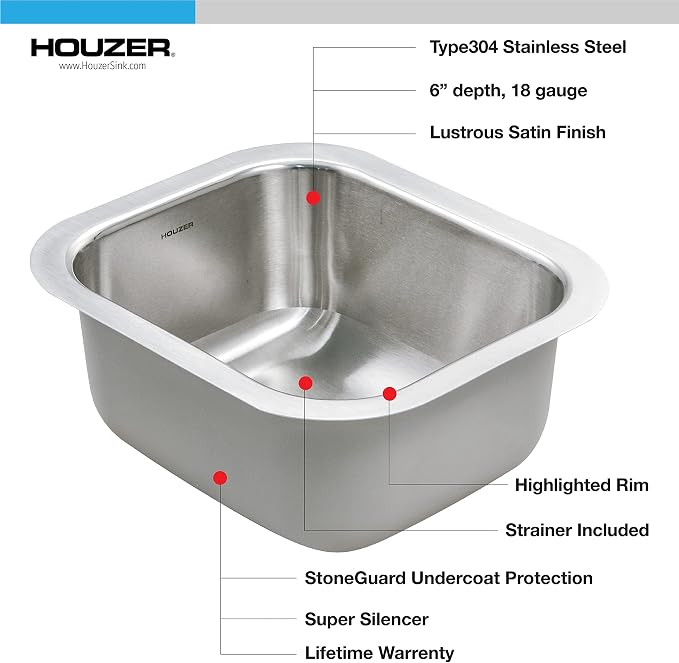 Houzer Club Stainless Steel Kitchen Bar & Prep Sink: 10 Inch Undermount Small Sink with Strainer, Durable & Versatile, Essential for Home & Apartment: CS-1307-1